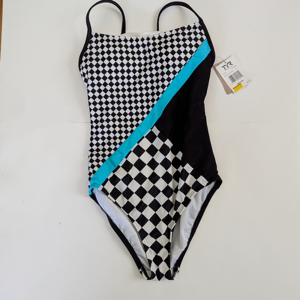 TYR Checkered One Piece Swimsuit - Black, White, and Blue